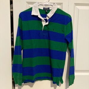 Boys Polo Ralph Lauren cotton rugby size large (14-16) green and blue strip.